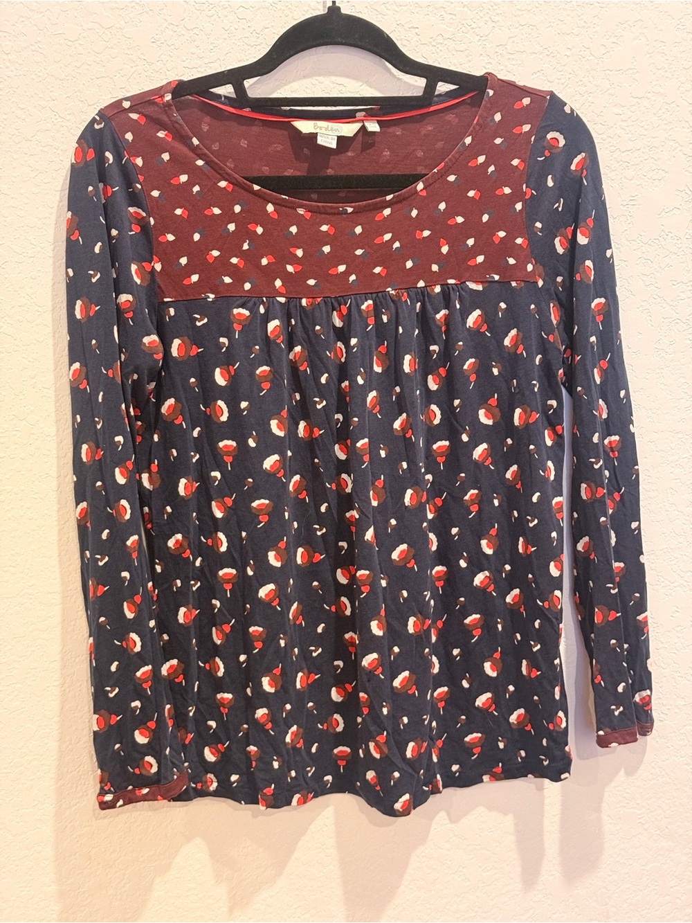 Boden Navy Long-Sleeve Floral Yoke Top with Burgundy Accents